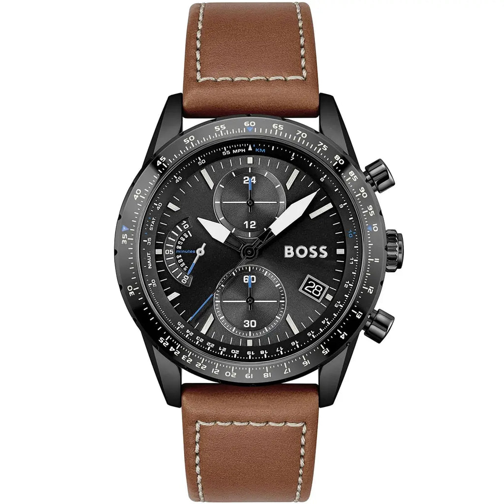 Hugo Boss Pilot Edition 1513851 Black Case Black Dial Brown Leather Men's Watch