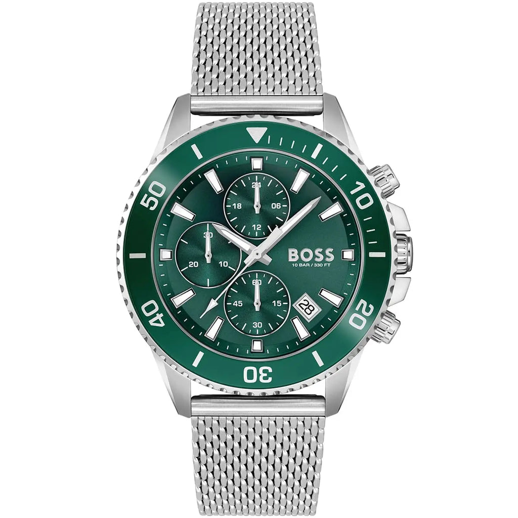 Hugo Boss Admiral 1513905 Men's Green Diver Watch Silver Mesh