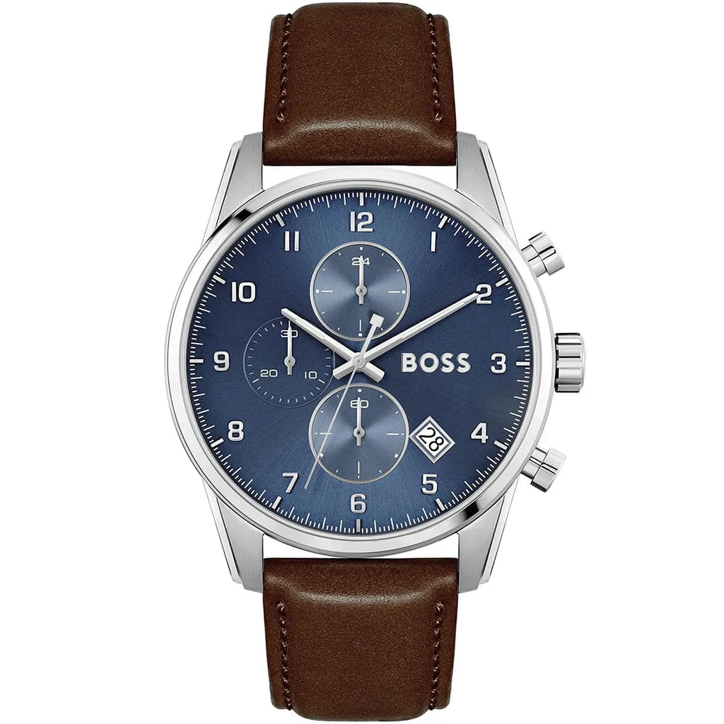 Hugo Boss Skymaster 1513940 Silver Case Blue Dial Brown Leather Strap Men's Watch
