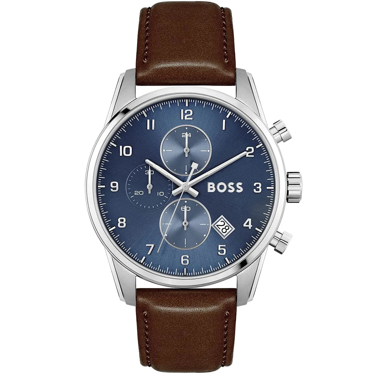 Hugo Boss Skymaster 1513940 Silver Case Blue Dial Brown Leather Strap Men's Watch