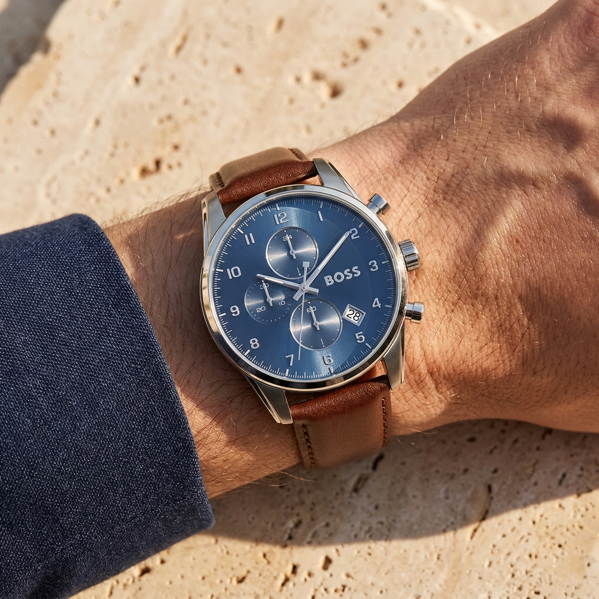 Hugo Boss Skymaster 1513940 Silver Case Blue Dial Brown Leather Men's Watch