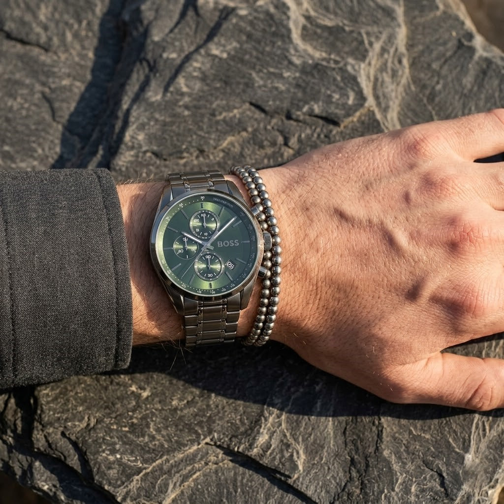 Hugo Boss Integrity 1514228 Chronograph Green Dial Gunmetal Stainless Steel Men's Watch