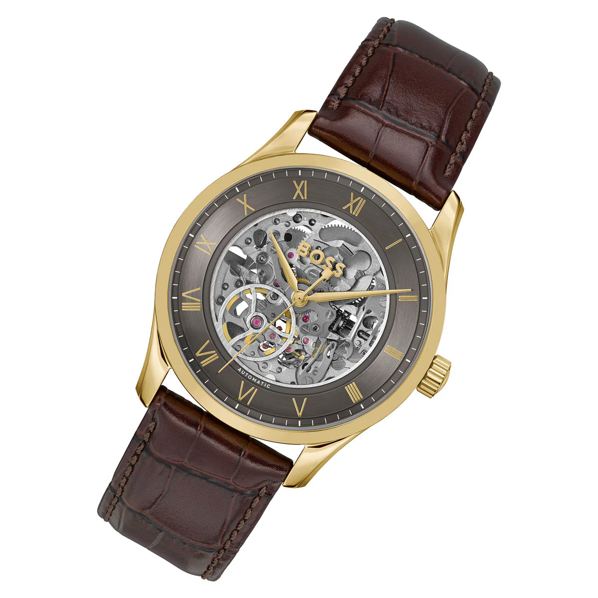 Hugo Boss Principe 1514235 Gold Case Dark Grey Skeleton Automatic Men's Watch