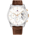 Tommy Hilfiger Baker 1710450 Silver Case White Semi-Skeleton Dial Brown Leather Men's Watch