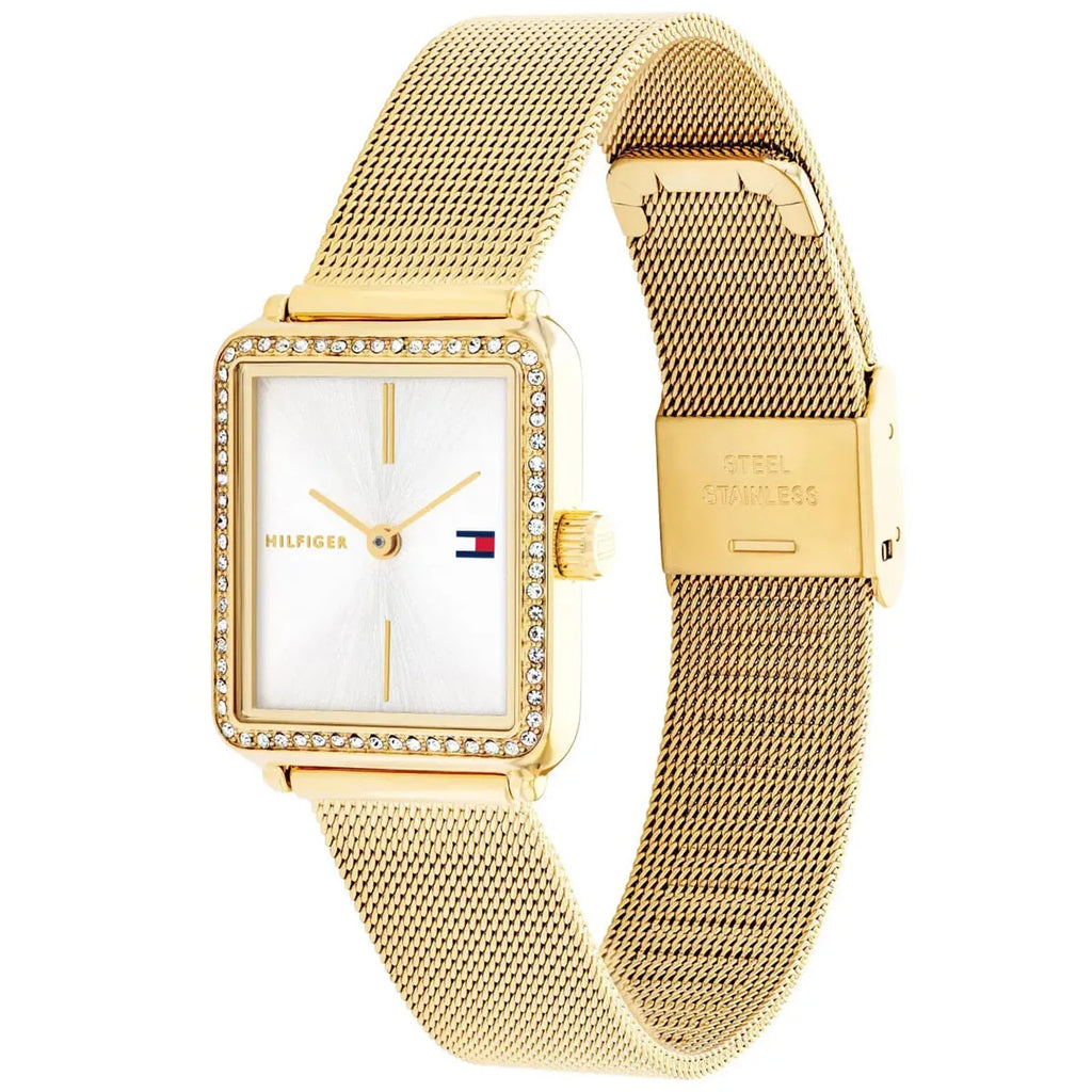 Tommy Hilfiger Tea 1782829 Gold Square Case Silver Dial Mesh Women's Watch