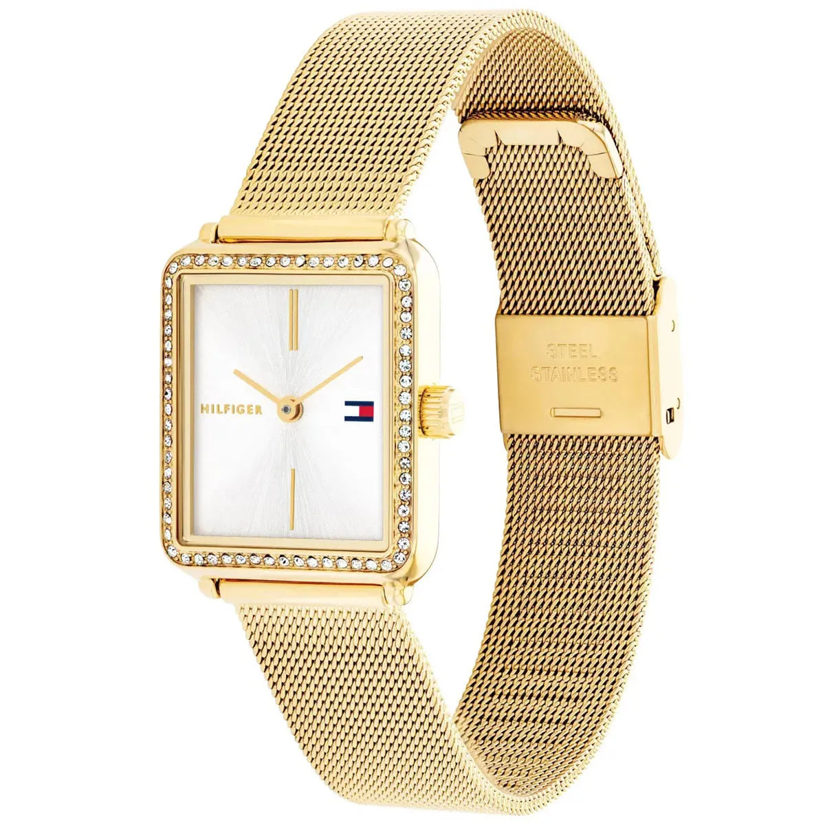 Tommy Hilfiger Tea 1782829 Gold Square Case Silver Dial Mesh Women's Watch