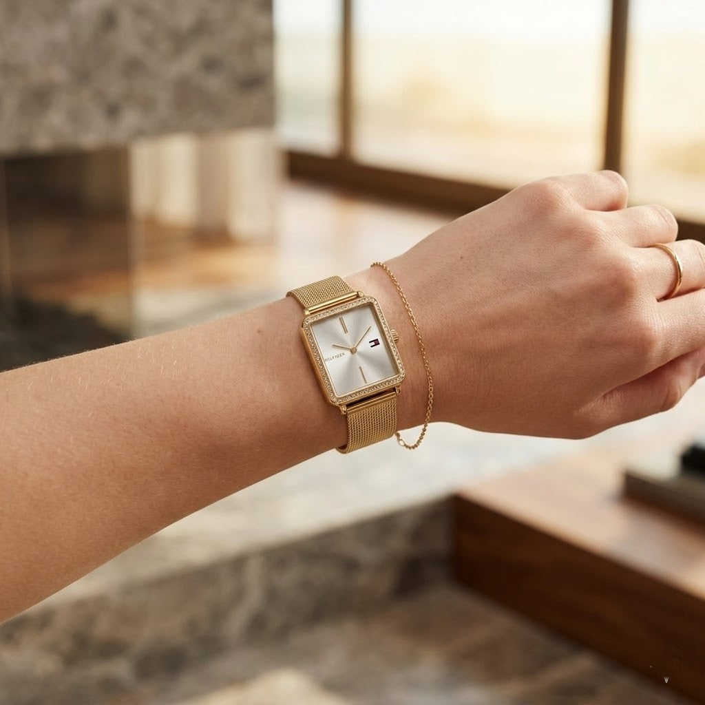 Tommy Hilfiger Tea 1782829 Gold Square Case Silver Dial Mesh Women's Watch