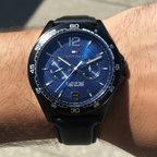 Tommy Hilfiger Erik 1791368 Black IP Case Blue Textured Dial Black Leather Men's Watch