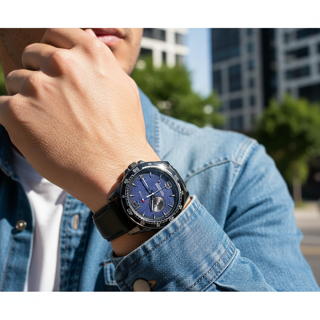 Tommy Hilfiger Erik 1791368 Black IP Case Blue Textured Dial Black Leather Men's Watch
