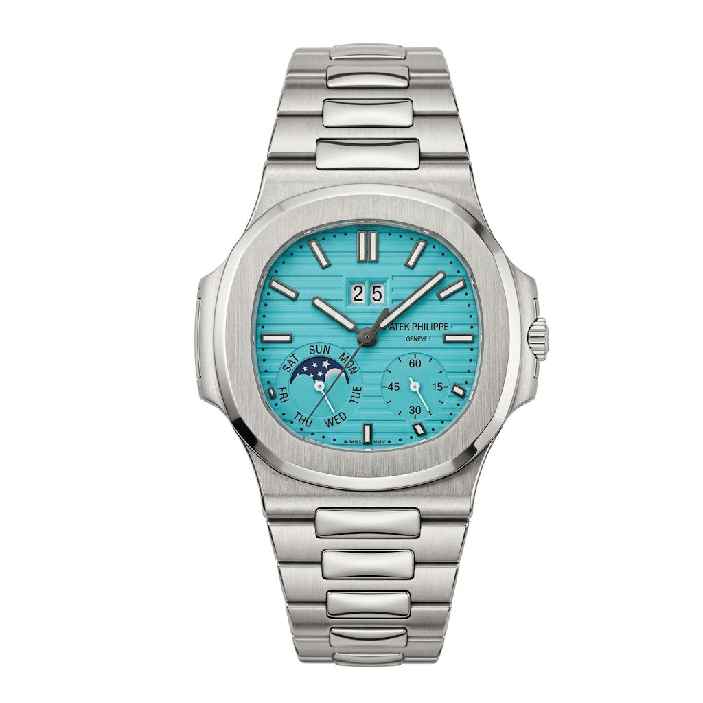 Luxury Nautilus-Style Stainless Steel Watch – Aqua Blue Dial, Multi-Function Display