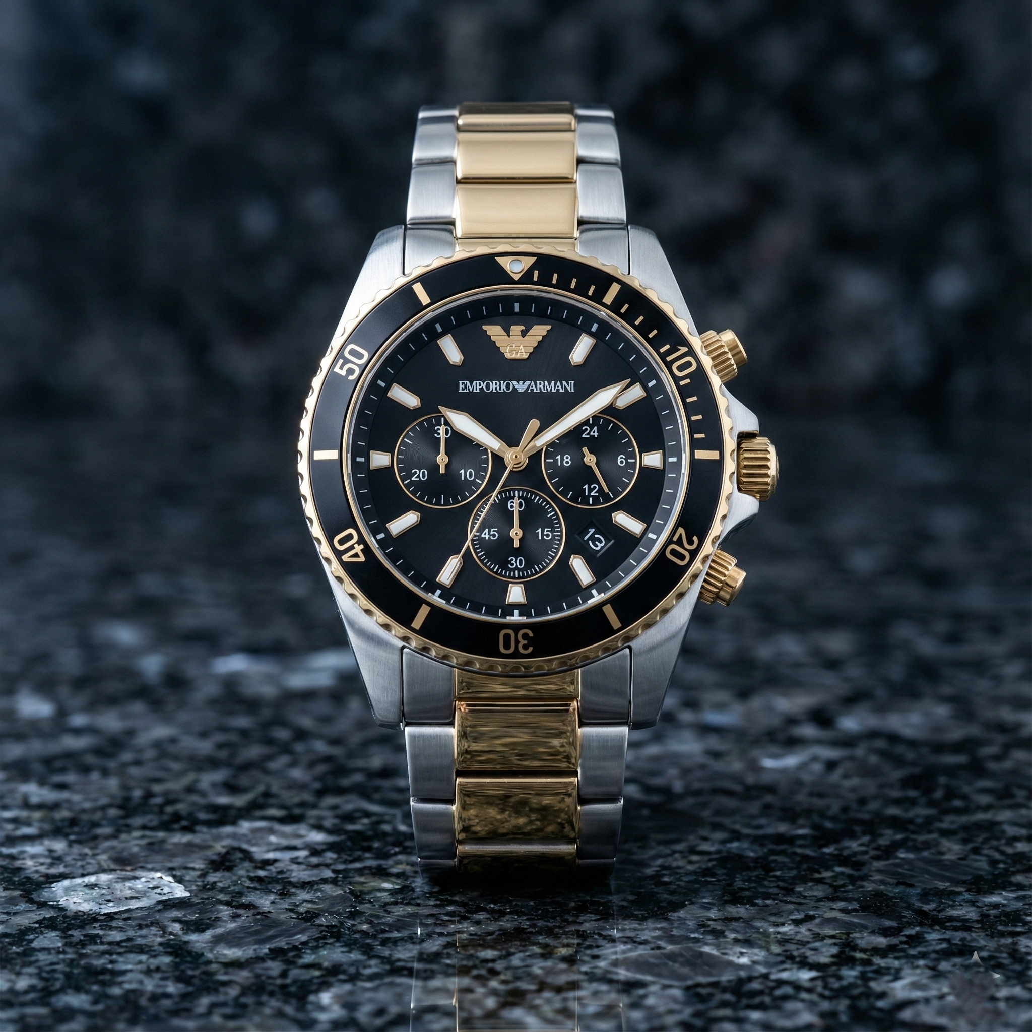Emporio Armani World Explorer AR11680 Men's Solar Chronograph Black Dial Two-Tone Luxury Watch
