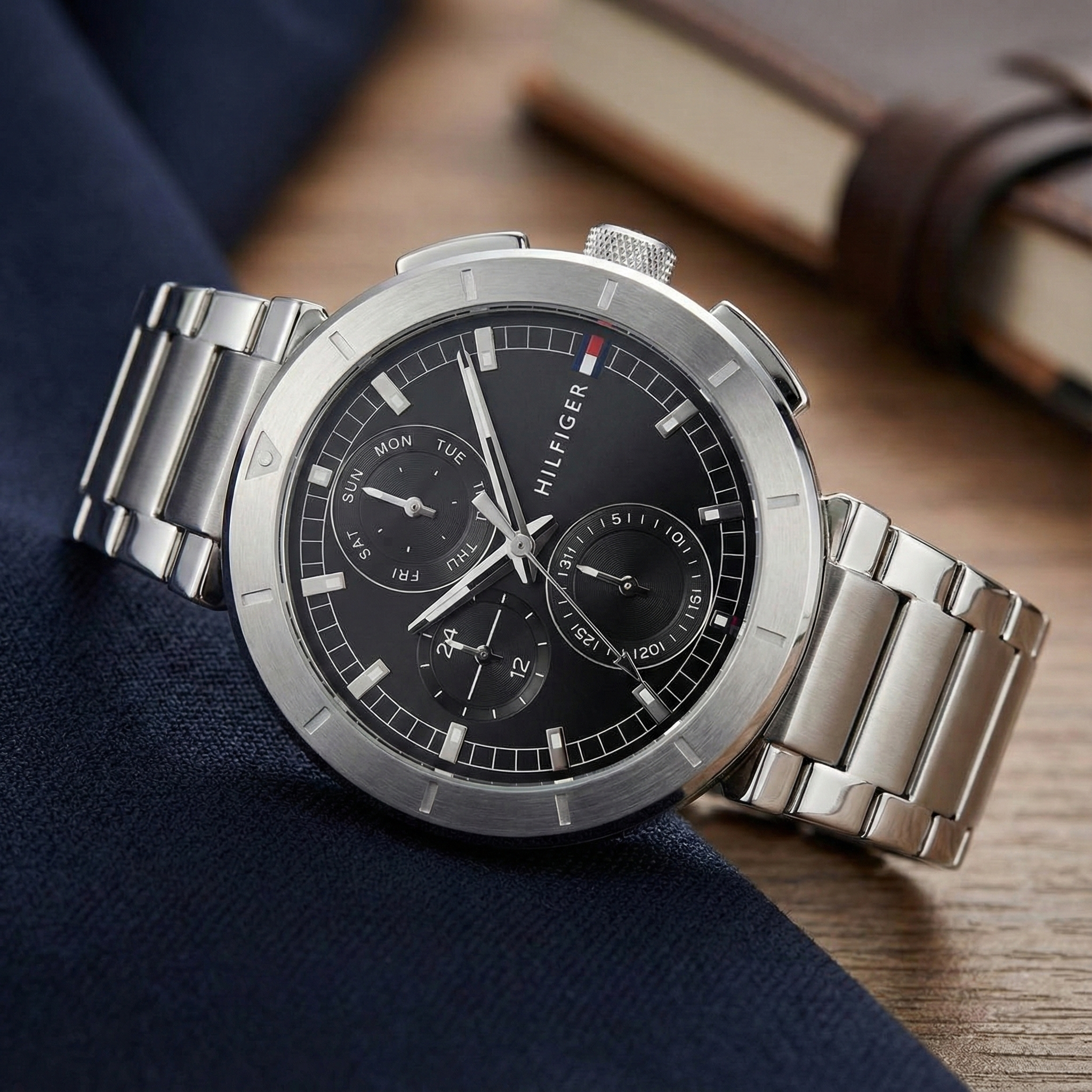 Tommy Hilfiger 1792116 Men’s Multi-Function Watch – Black Dial & Silver Stainless-Steel Bracelet