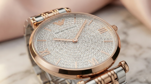 Emporio Armani Gianni T-Bar AR11537 Women's Two-Tone Crystal Encrusted Dial Luxury Watch
