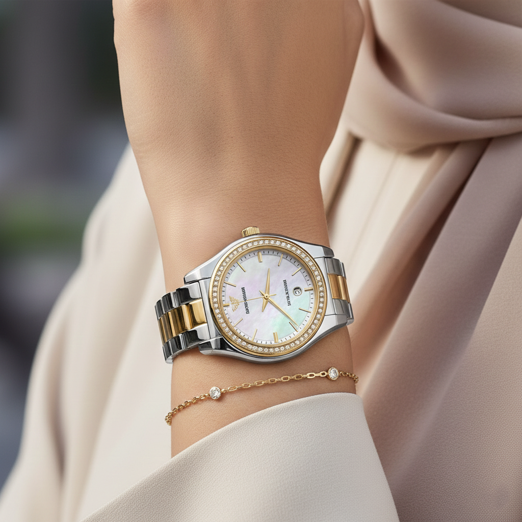 Emporio Armani AR11559 Women’s Mother of Pearl Dial Two-Tone Stainless Steel Federica Watch