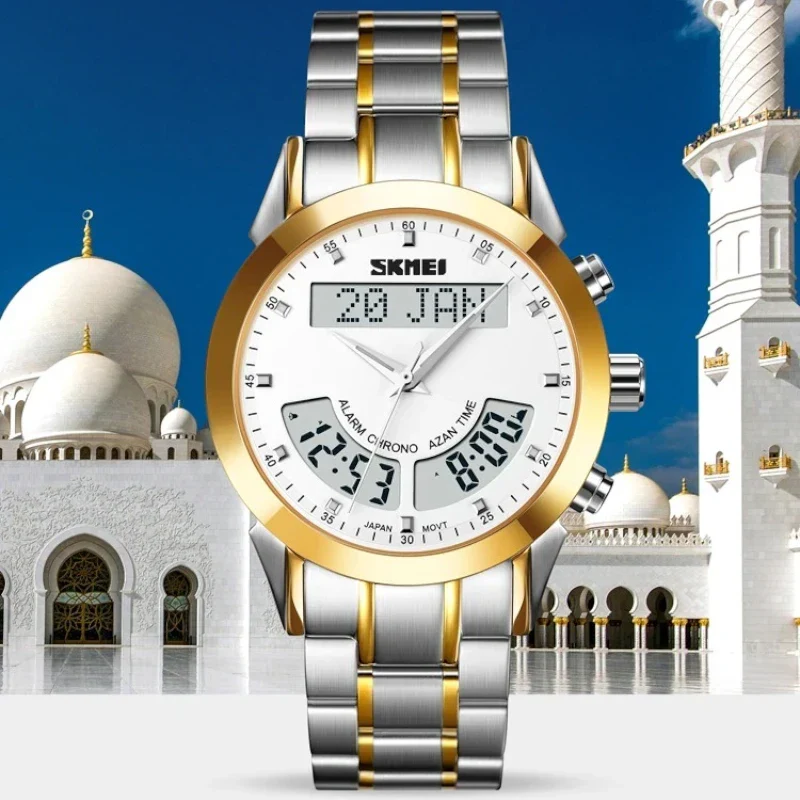 ساعة سكمي Q036 الفاخرة للأذان بتوقيت مزدوج هيكل فضي وسوار جلد أسود
