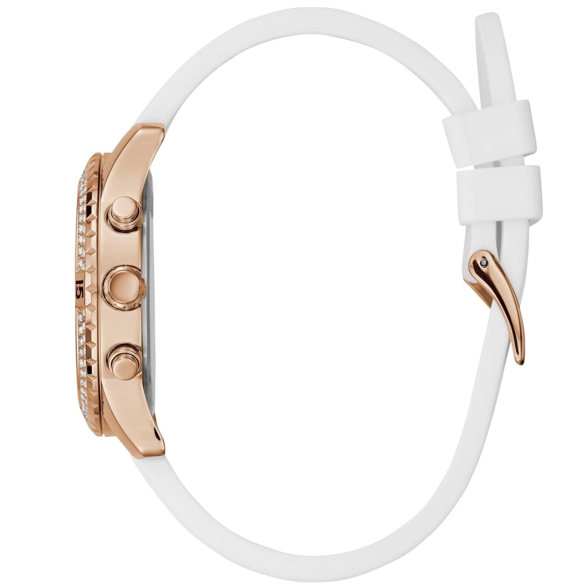 Guess Confetti Multi-Function W1098L5 Rose Gold Case Crystal Bezel White Rubber Women's Watch