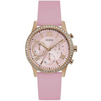 Guess Solar Multi-Function W1135L2 Gold Case Crystal Bezel Silver Dial Pink Rubber Women's Watch