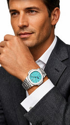 Luxury Nautilus-Style Stainless Steel Watch – Aqua Blue Dial, Multi-Function Display
