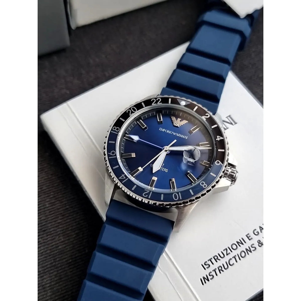 Emporio Armani AR11592 Blue Dial GMT Diver 100M Rubber Strap Watch