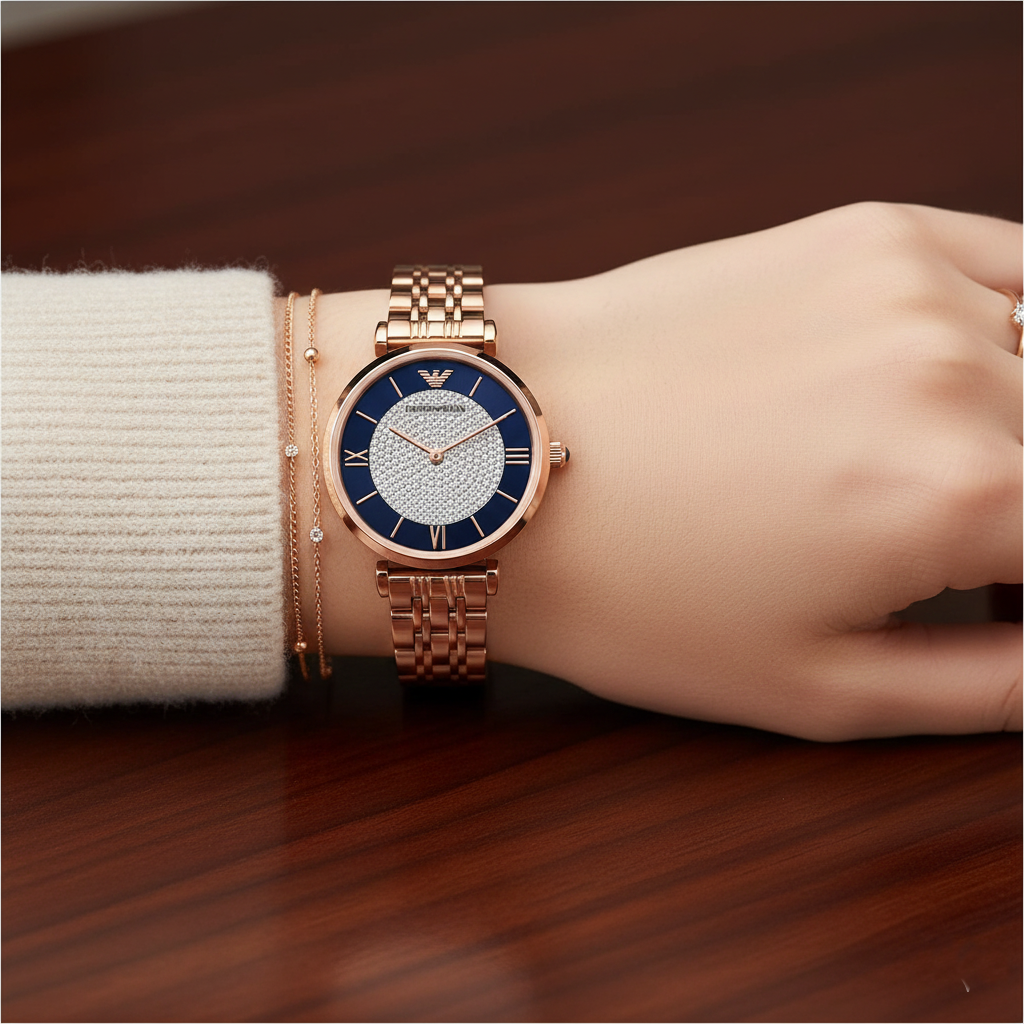 Emporio Armani Gianni T-Bar AR11423 Rose Gold & Navy Crystal Ladies Watch