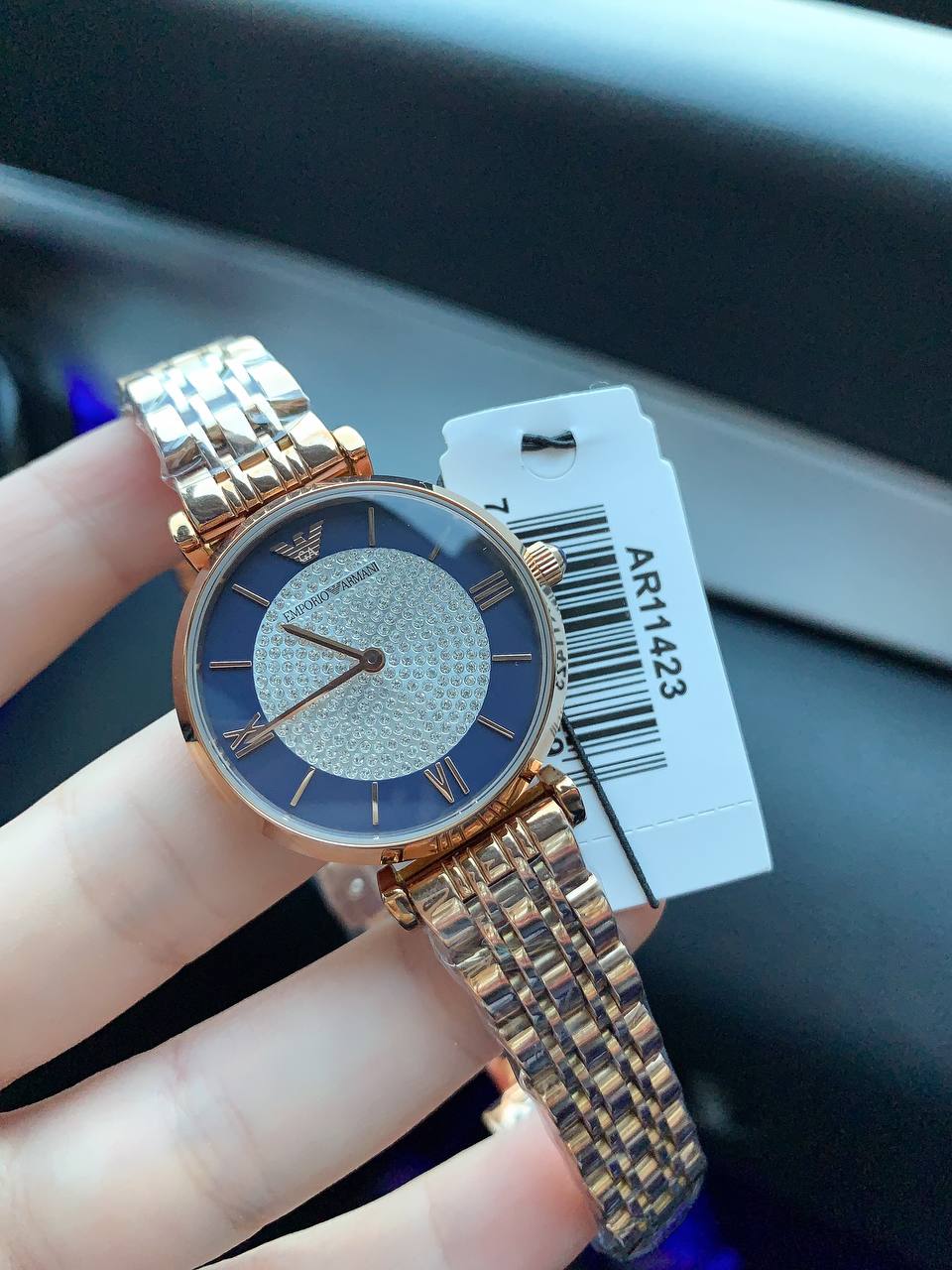 Emporio Armani Gianni T-Bar AR11423 Rose Gold & Navy Crystal Ladies Watch