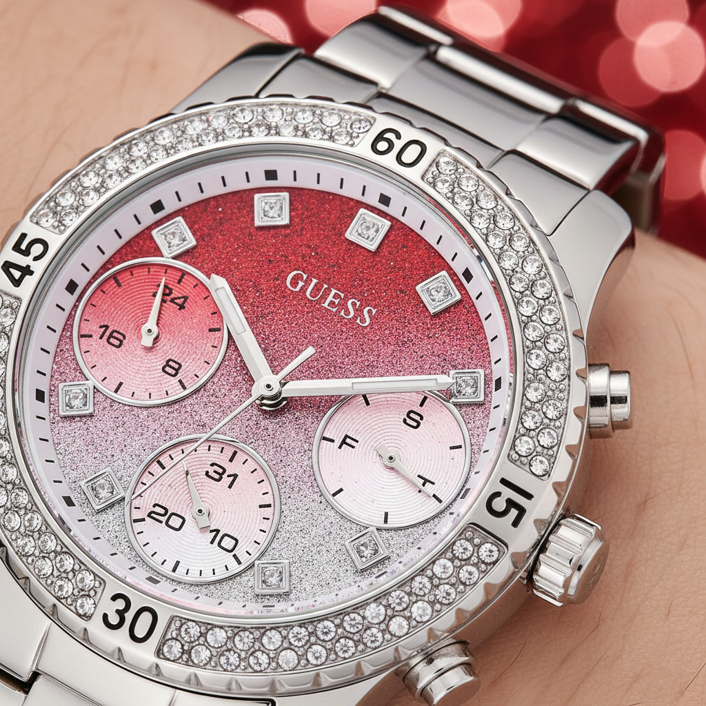 Guess Confetti W0774L7 Silver Tone Red Gradient Glitter Dial Watch