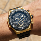 Guess Cut-Thru GW0325G1 Gold Tone Case Black Bezel Black Rubber Strap Watch