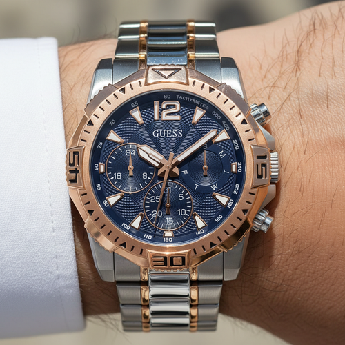 ساعة رجالية من Guess طراز Commander GW0056G5 بلونين ذهبي وردي وفضي ومينا أزرق
