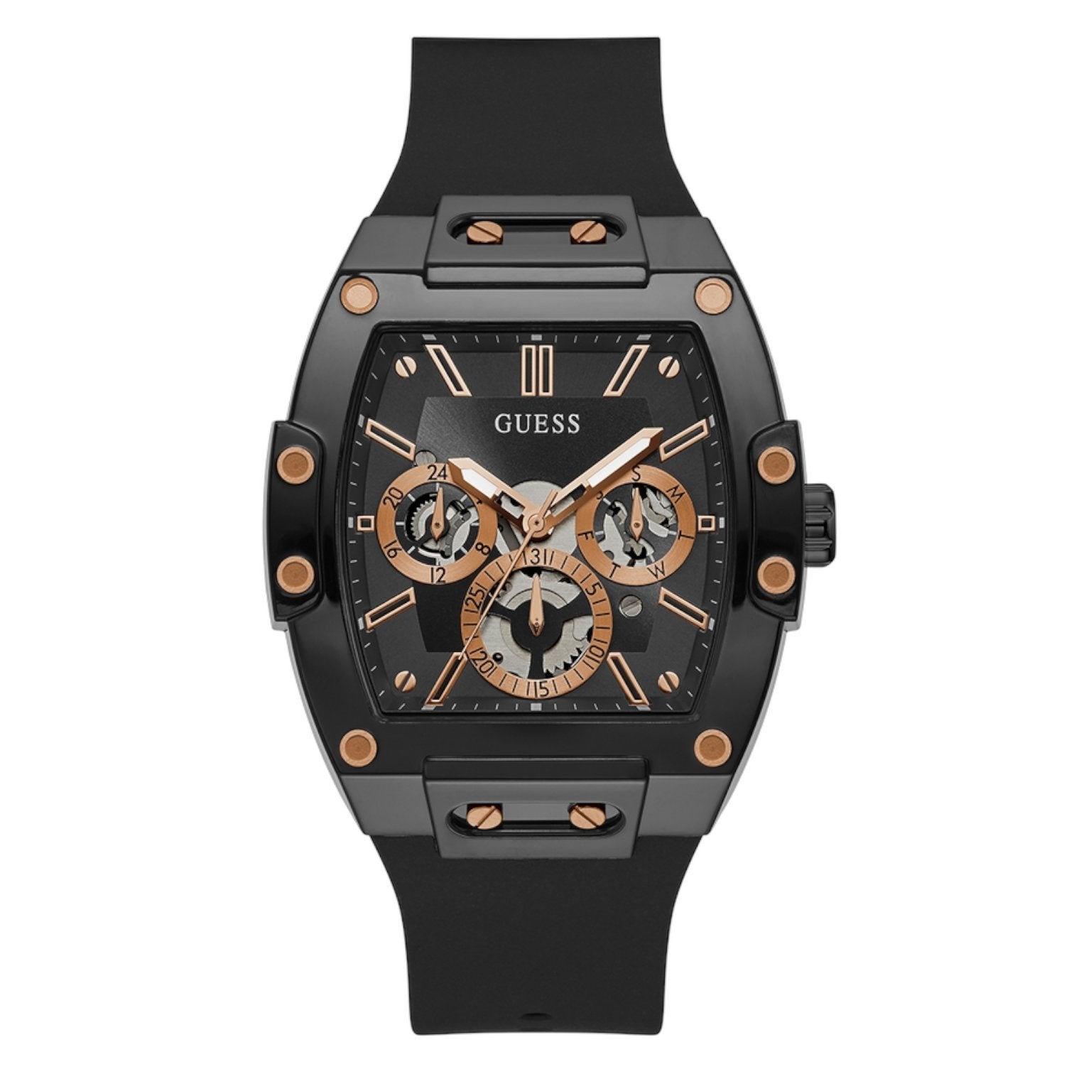 Guess Phoenix GW0203G8 Black Rubber Case Rose Gold Accents Skeleton Dial Watch