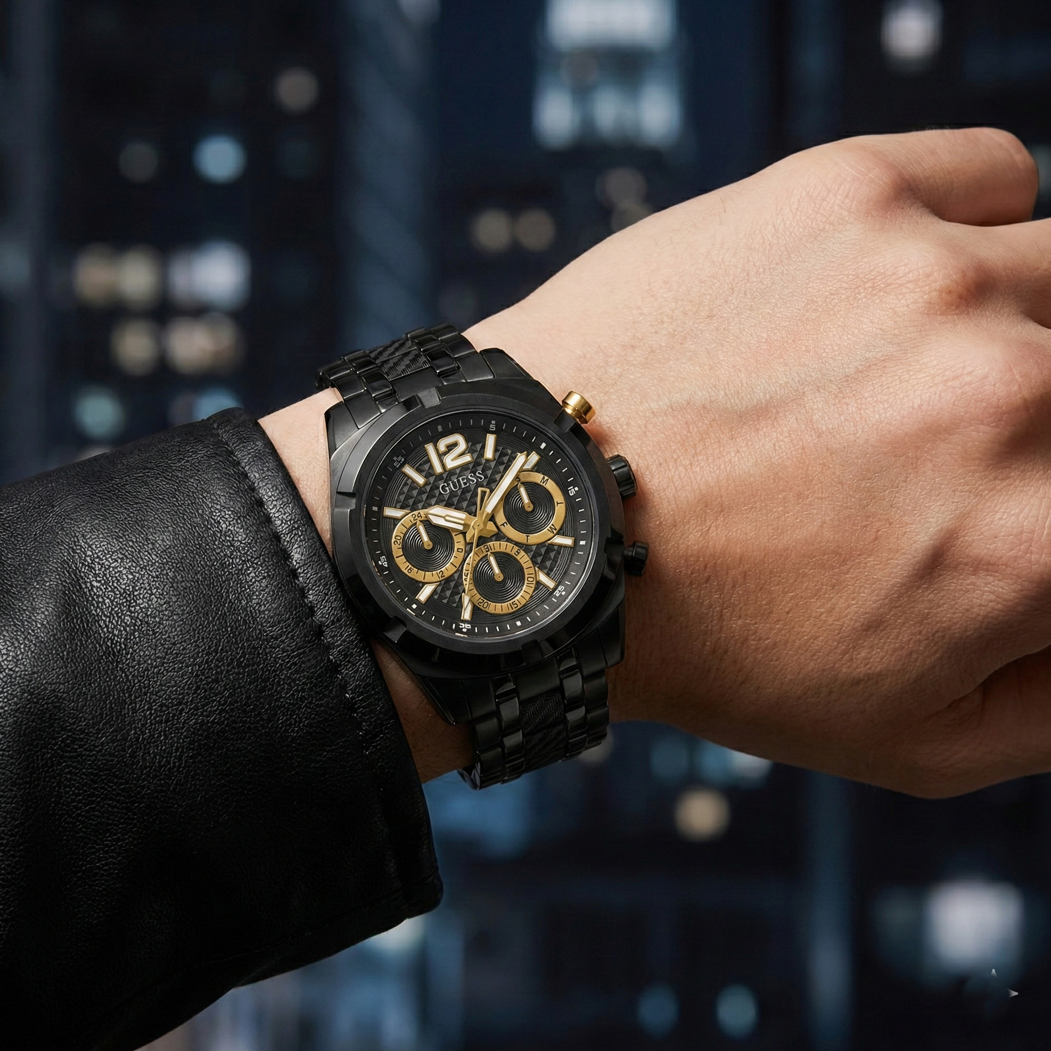 Guess GW0714G4 Men's Top Tier All-Black & Gold Accents Watch