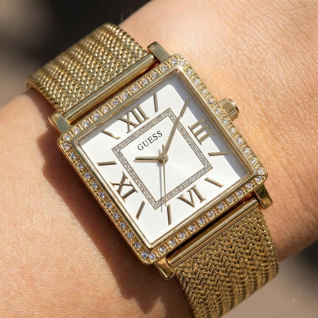 Guess Highline W0826L2 Gold Mesh Square Crystal Ladies Watch