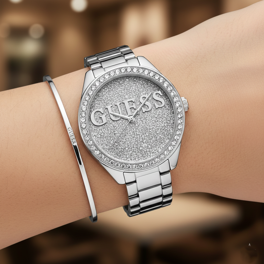 Guess Breeze W1234L1 Silver Case MOP Dial White Silicone & Metal Link Women's Watch