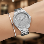 Guess Breeze W1234L1 Silver Case MOP Dial White Silicone & Metal Link Women's Watch