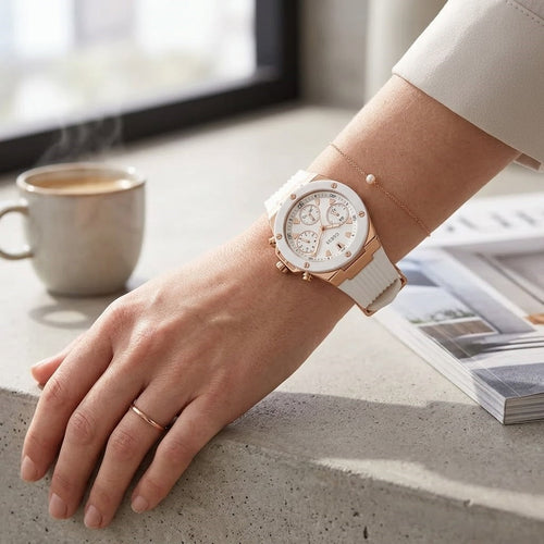 ساعة يد نسائية Guess Athena Multi-Function GW0030L3 Rose Gold White Dial Rubber