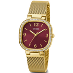 Guess Tapestry GW0354L4 Square Gold Case Crystal Bezel Burgundy Dial Gold Mesh Women's Watch