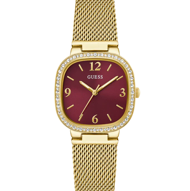 Guess Tapestry GW0354L4 Square Gold Case Crystal Bezel Burgundy Dial Gold Mesh Women's Watch