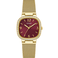 Guess Tapestry GW0354L4 Square Gold Case Crystal Bezel Burgundy Dial Gold Mesh Women's Watch
