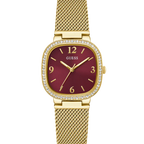 Guess Tapestry GW0354L4 Square Gold Case Crystal Bezel Burgundy Dial Gold Mesh Women's Watch