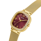 Guess Tapestry GW0354L4 Square Gold Case Crystal Bezel Burgundy Dial Gold Mesh Women's Watch