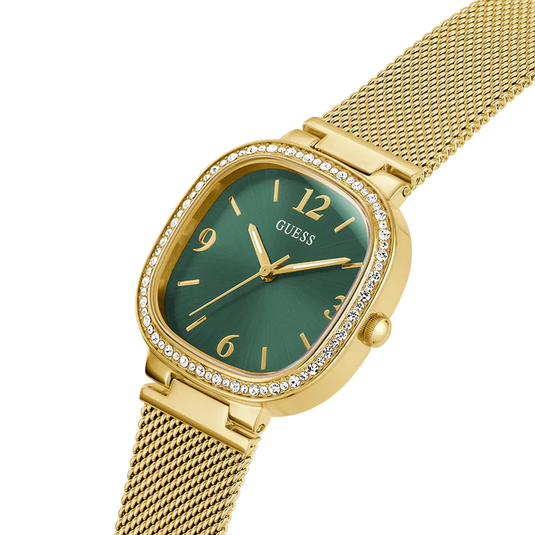 Guess GW0354L5 Square Gold Case Crystal Bezel Green Dial Gold Mesh Women's Watch