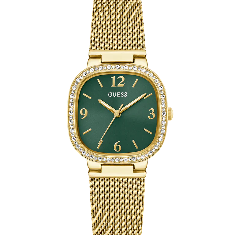 Guess GW0354L5 Square Gold Case Crystal Bezel Green Dial Gold Mesh Women's Watch