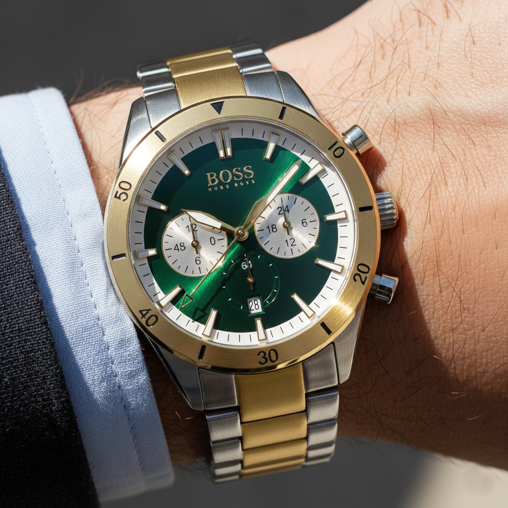 Hugo Boss Santiago 1513872 Two-Tone Green Dial Chronograph Men's Watch
