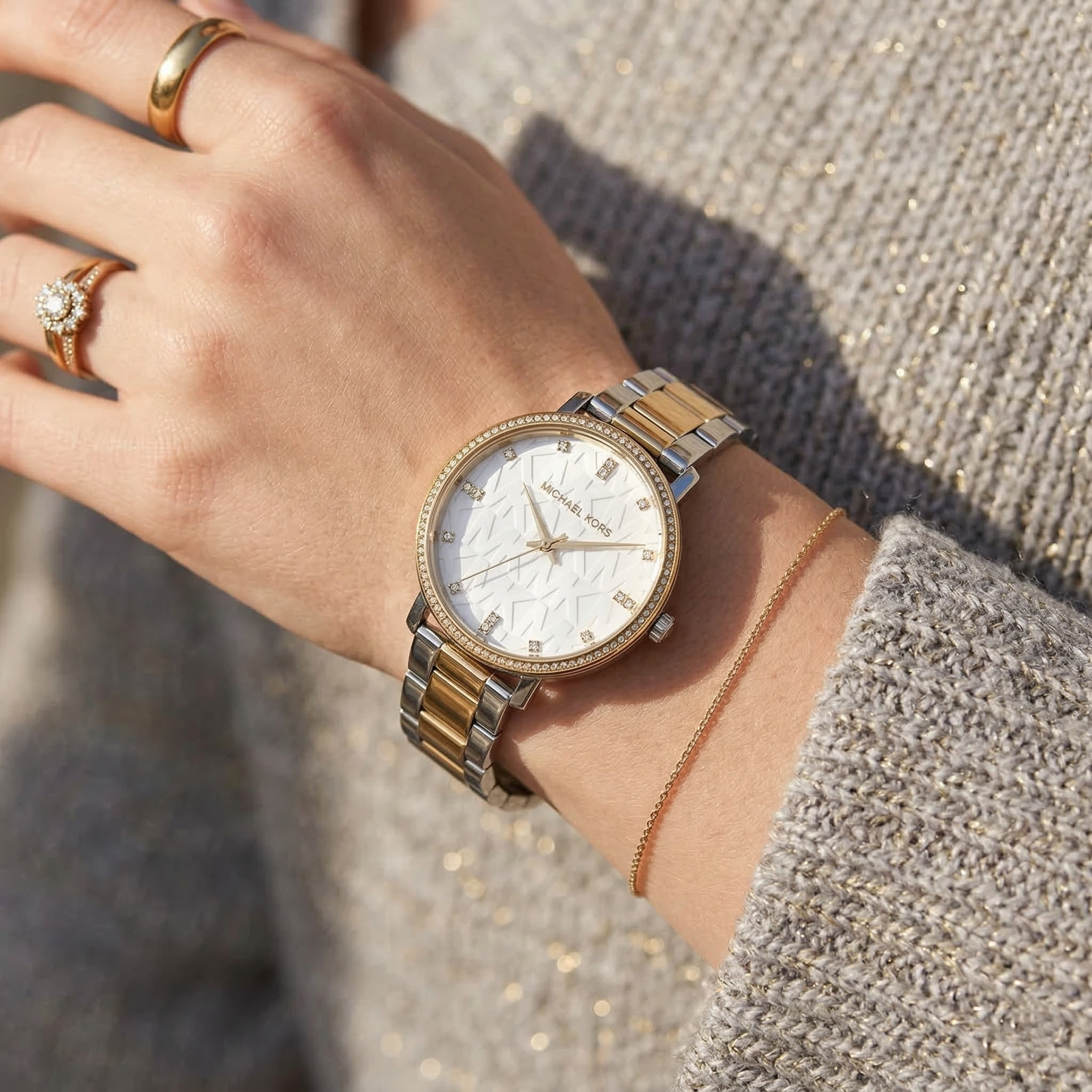 Michael Kors Pyper MK4595 Two-Tone Silver & Gold MK Logo White Dial Women's Watch