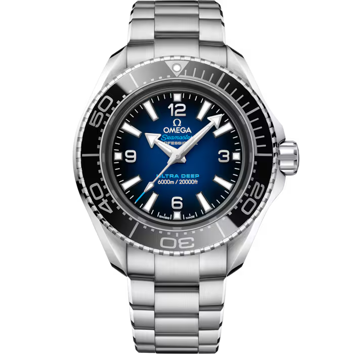 Omega Seamaster Planet Ocean 6000M Co Axial Master Chronometer Blue Dial Silver Steel Strap Watch for Men Automatic size 43.5mm
