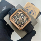 Fossil Inscription Automatic Skeleton Rose Gold Dial Black Leather Strap Watch for Men - BQ2572