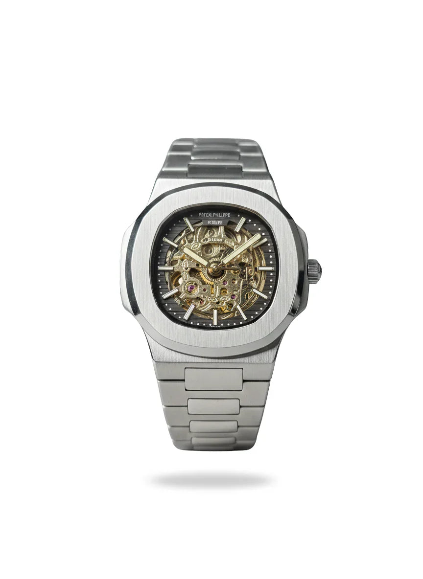 PATEK PHILIPPE CHRONOGRAPH WATCH black WITH STAINLESS STEEL SILVER BELT