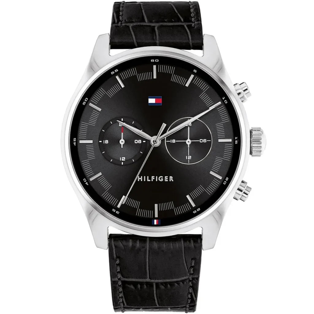 Tommy Hilfiger Sawyer 1710424 Silver Case Black Dial Black Leather Men's Watch