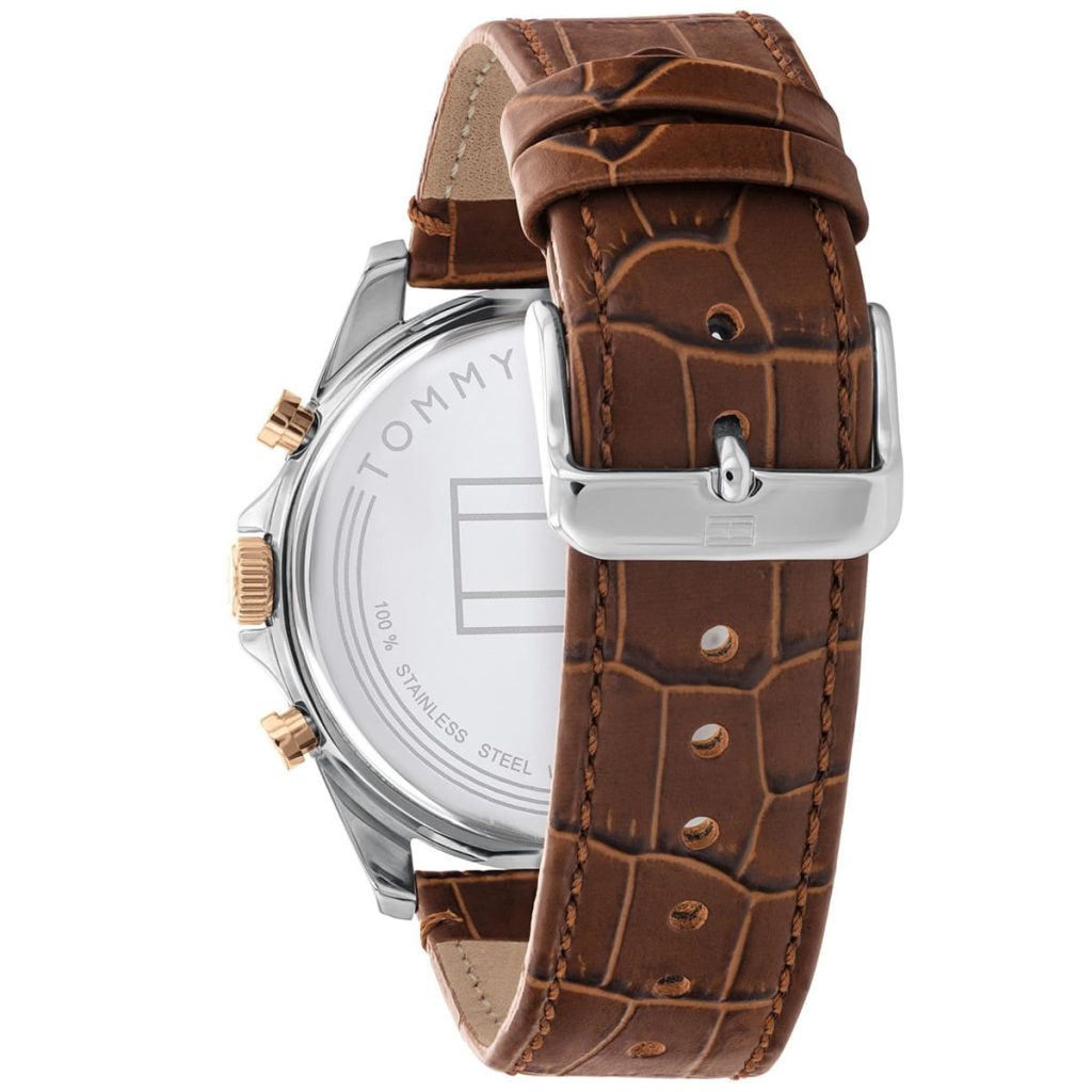 Tommy Hilfiger Baker 1710450 Silver Case White Semi-Skeleton Dial Brown Leather Men's Watch