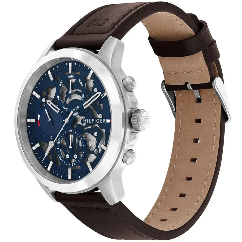Tommy Hilfiger Henry 1710476 Silver Case Blue Semi-Skeleton Dial Brown Leather Men's Watch