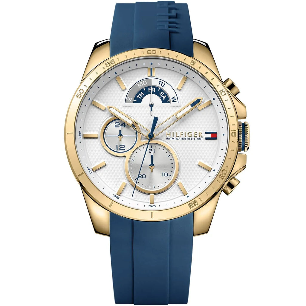 Tommy Hilfiger Decker 1791353 Gold Case White Dial Blue Silicone Men's Watch